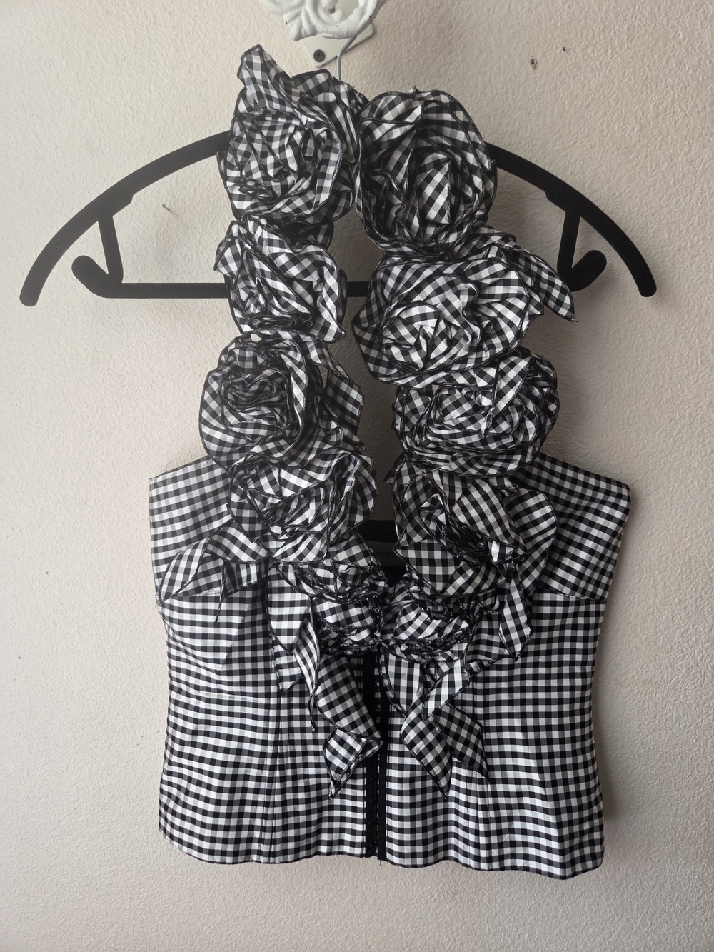 Anne Fontaine Black & White Gingham Floral Halter Crop Top